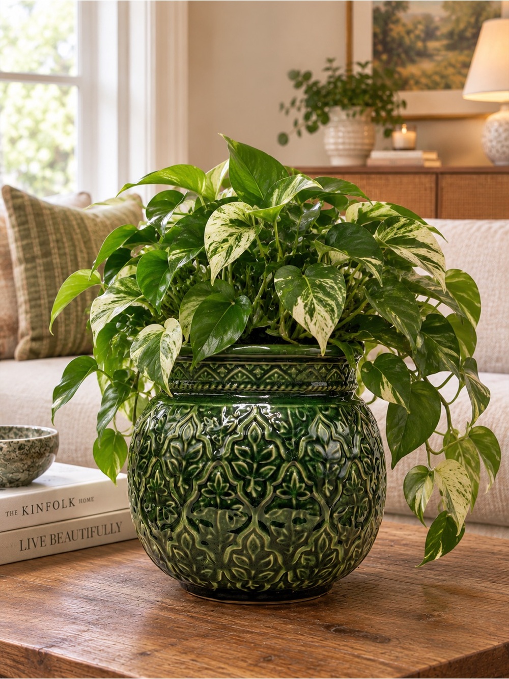 Embossed Green Ceramic Planter Pot with Drainage Hole, 8 Inch Indoor Flower Pot